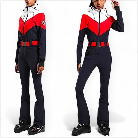 GSOU Snow Navy Retro One Piece Ski Suit with Hood Winter Warm NWT New S - Picture 2 of 7